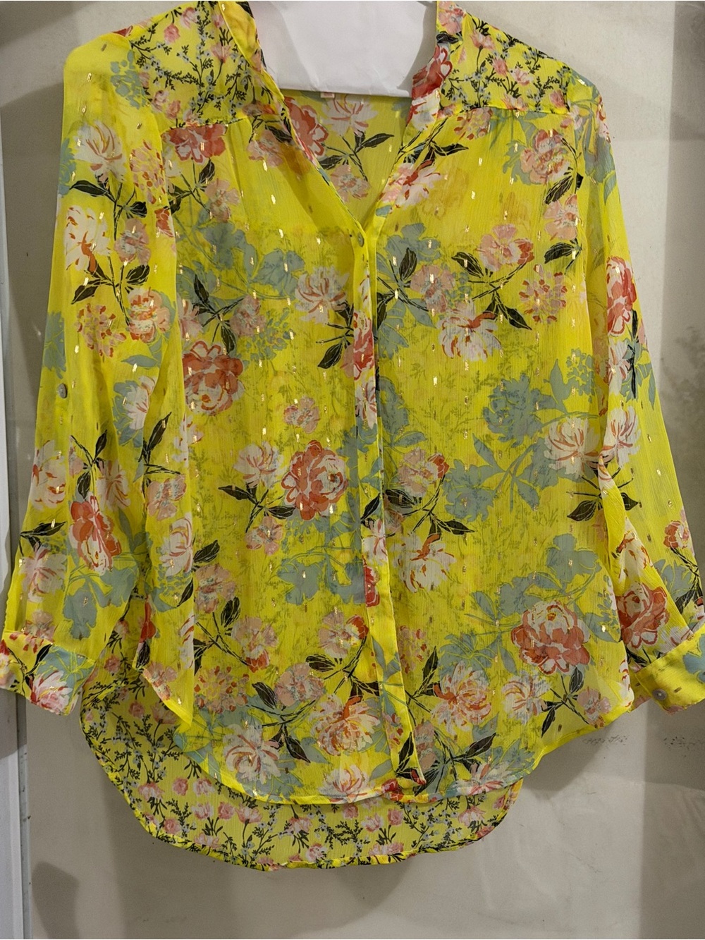 fig and flower Yellow Floral Sheer Button-Front Blouse